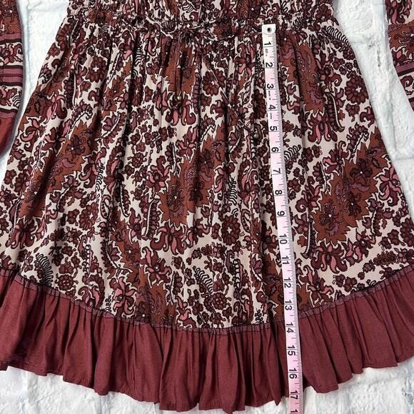 OLIVACEOUS Cottage Core Boho Floral Ruffled Mini Dress Balloon Sleeve Brown Sz M - Picture 7 of 8